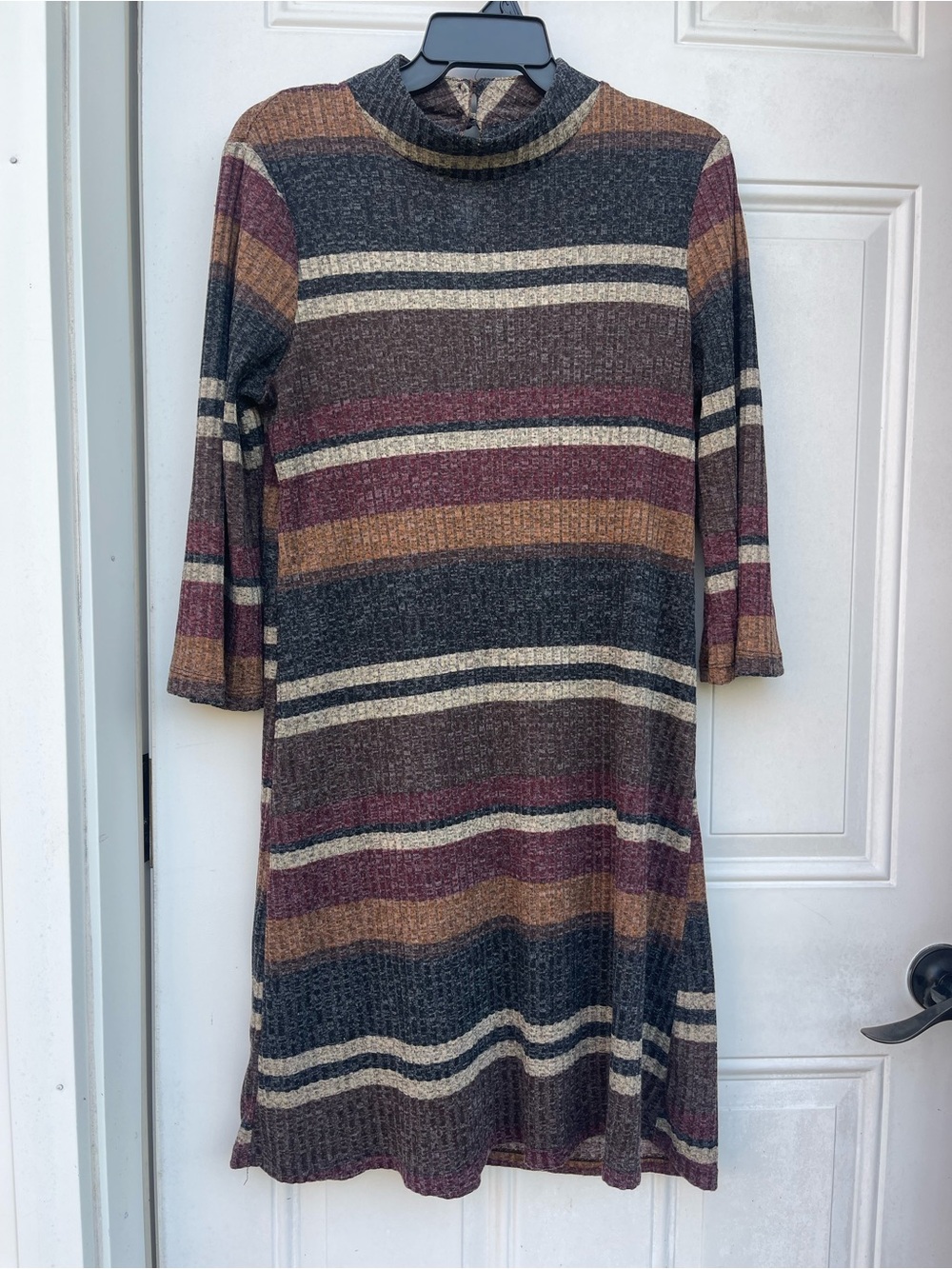 Striped Midi Sweater Dress Mock Neck in Charcoal, Cream, Burgundy and Tan Size L